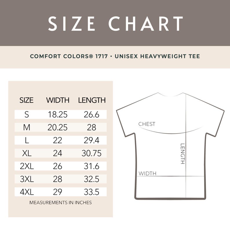 Puede incluir: Tabla de tallas para una camiseta unisex Comfort Colors 1717 Heavyweight. La tabla muestra las medidas en pulgadas para las tallas S a 4XL. El ancho var&iacute;a de 46,36 cm a 73,66 cm y el largo de 67,56 cm a 85,09 cm.