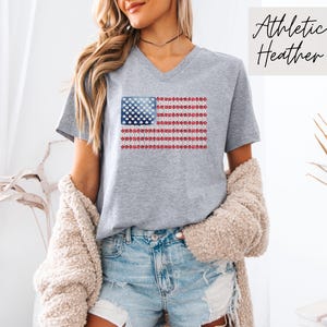 Floral American Flag V-Neck Shirt | Patriotic Womens Tee | USA Summer Shirt | 4th of July Vneck | Cute Red White Blue T-Shirt