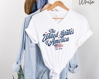 The United States of America V-Neck Shirt | Patriotic Script Tee | USA 4th of July Shirt | Red White Blue T-Shirt | American Spirit Tee