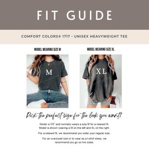 Puede incluir: Gu&iacute;a de tallas para una camiseta unisex de peso pesado. La gu&iacute;a muestra un modelo que usa la talla M y otro que usa la talla XL. El texto dice "&iexcl;Elige la talla perfecta para el look que deseas!" y proporciona recomendaciones de tallas.