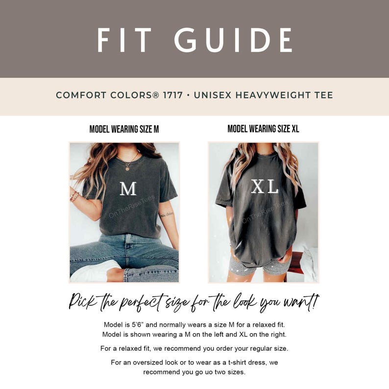 Puede incluir: Gu&iacute;a de tallas para una camiseta unisex de peso pesado. La gu&iacute;a muestra un modelo que usa la talla M y otro que usa la talla XL. El texto dice "&iexcl;Elige la talla perfecta para el look que deseas!" y proporciona recomendaciones de tallas.