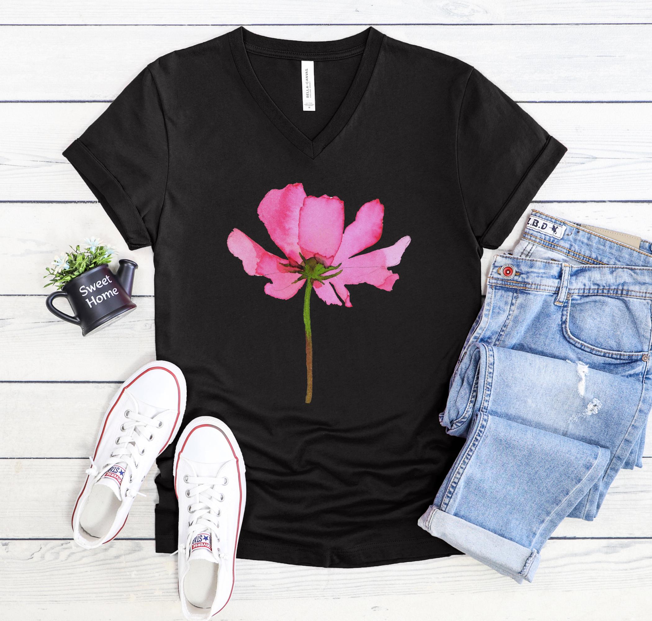 Spring Flower Women's V-neck T-shirt, Large Modern Watercolor Floral ...