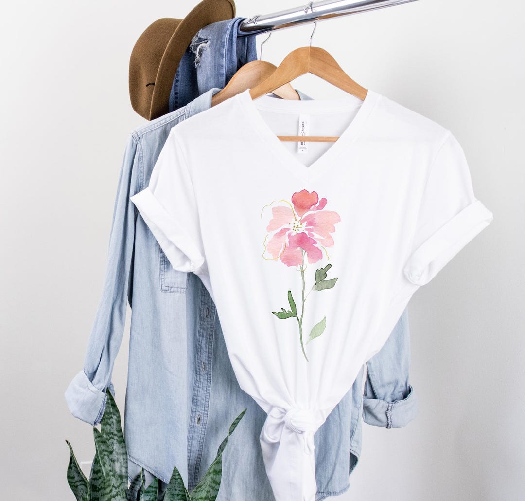 Watercolor Flower V-neck T Shirt Women's Floral Tee Ladies V Neck T ...