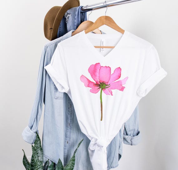 Spring Flower Women's V-Neck T-Shirt, Large Modern Watercolor Floral Print Tee, Flower Lover Gift, Casual Summer Top, Graphic Easter Shirt