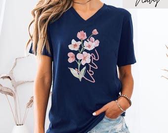 Watercolor Floral Print V-Neck T-Shirt, Love Graphic Tee