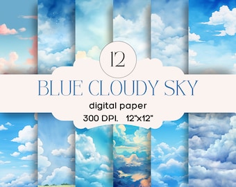 Cloudy Day-Blue Sky Digital Scrapbook Paper Backgrounds-Instant Download-300 DPI- 4250 x 4250 PX- Free Commercial License POD