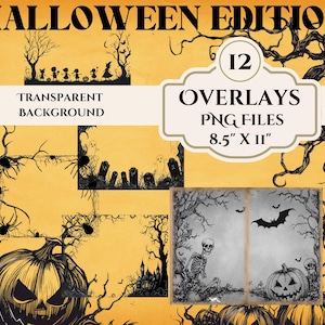 May include: Twelve Halloween overlays in black and white with a spooky theme. The overlays are PNG files and are 8.5 inches by 11 inches. The overlays include images of pumpkins, bats, skeletons, and trees.