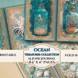 Vintage Muscheln Junk Journal Seiten - Ocean Treasures Collection - Distressed Digital Scrapbook Papers-Instant Download-8.5 "x 11 Sheets