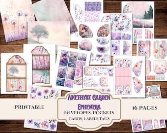 Amethyst Garden Ephemera Set- Pink and Purple Magical Butterfly Garden- Digital Junk Journal Collection-Instant Download-8.5" x 11 Sheets