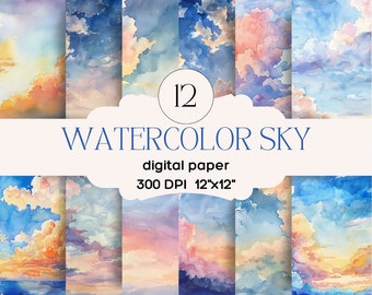 Watercolor Sky Digital Scrapbook Paper Backgrounds-Sunshine Clouds- Instant Download-300 DPI- 3600 x 3600 PX- Free Commercial License POD