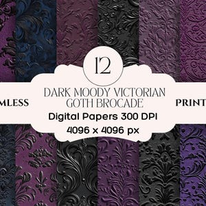 Pode incluir: Doze papéis digitais com um padrão de damasco gótico roxo escuro e preto. Os papéis são sem costura e imprimíveis. O texto "DARK MOODY VICTORIAN GOTH BROCADE" é exibido em branco em uma faixa preta. O texto "Digital Papers 300 DPI 4096 x 4096 px" é exibido em branco em uma faixa preta.
