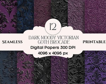 May include: Twelve digital papers featuring a dark purple and black gothic damask pattern. The papers are seamless and printable. The text "DARK MOODY VICTORIAN GOTH BROCADE" is displayed in white on a black banner. The text "Digital Papers 300 DPI 4096 x 4096 px" is displayed in white on a black banner.