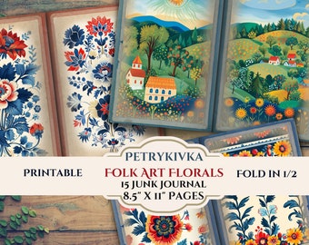 Petrykivka-Style Folk Art Junk Journal Pages- Eastern European, Ukrainian- Distressed Digital Scrapbook Papers-8.5" x 11 Sheets
