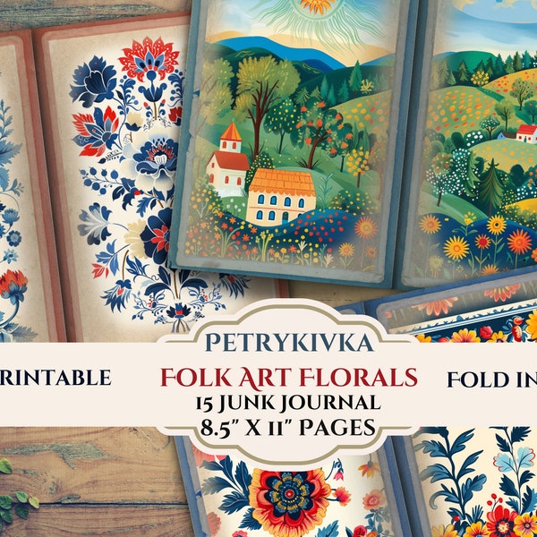 Petrykivka-Style Folk Art Junk Journal Pages- Eastern European, Ukrainian- Distressed Digital Scrapbook Papers-8.5" x 11 Sheets