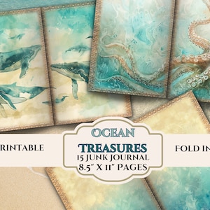 Páginas de diario basura de Beach Ombre- Colección Ocean Treasures- Papeles de álbum de recortes digitales angustiados-Descarga instantánea-8.5" x 11 hojas