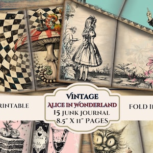 Páginas de diario basura de Alicia en el país de las maravillas: hojas de estilo victoriano vintage, desgastadas, para álbumes de recortes digitales, descarga instantánea, 8,5 x 11 hojas