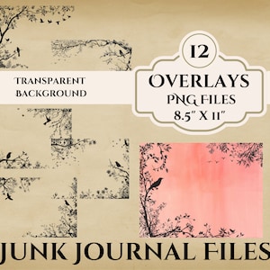 Afdrukbare ongewenste dagboekpagina-overlay - boomtakken en zangvogels - zwart silhouet - Instant Download - 8,5 "x 11"