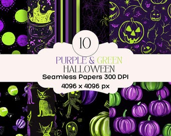 May include: Ten digital papers featuring a Halloween theme with purple and green colors. The papers feature various designs including pumpkins, candy, cats, and spooky characters.