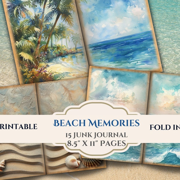 Beach Memories Junk Journal Pages- Vacation Ocean Seaside Tropical- Distressed Digital Scrapbook Papers-Instant Download-8.5" x 11 Sheets