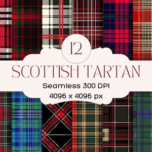 Peut inclure: Douze motifs de papier numérique sans couture présentant différents motifs écossais rouge, bleu, vert, noir et blanc. Les motifs mesurent 4096 x 4096 pixels et 300 DPI.