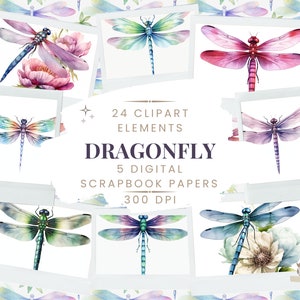 May include: A set of 24 watercolor dragonfly clipart elements and 5 digital scrapbook papers. The dragonflies are in various colors, including blue, green, purple, and red. The papers feature a floral design.