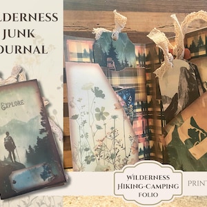 May include: A printable wilderness hiking and camping folio with a vintage aesthetic. The folio features a variety of images, including a hiker, a mountain, and a forest. The text "Wilderness Hiking-Camping Folio" and "Printable" are visible on the folio.
