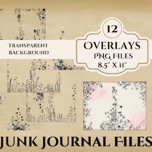 Peut inclure: Douze superpositions numériques pour carnets de rebuts, avec des illustrations florales en noir et blanc sur fond transparent. Les superpositions mesurent 8,5 pouces par 11 pouces.