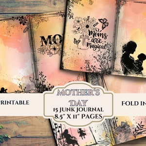 Páginas de lixo eletrônico do Dia das Mães - Flores, florais, mães, crianças - Papéis de álbum de recortes digitais desgastados - Download instantâneo - 8,5" x 11 folhas