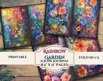 Rainbow Flower Garden Junk Journal Pages- Bright, Colorful,Youthful - Printable Digital Scrapbook Papers-Instant Download-8.5" x 11 Sheets