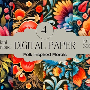 Volkskunst Florale digitale Papiermuster | Ukrainische Traditionelle Malerei Stil | Für Scrapbooking, Kunstdrucke, Clipart, Kommerzielle Lizenz