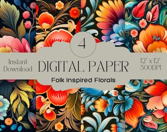 Folk Art Floral Digital Paper Patterns| Ukrainian Traditional Painting Style | For Scrapbooking, Art Prints, Clipart, Commercial License