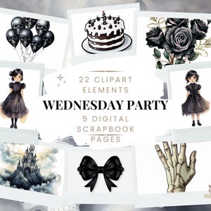 Wednesday Halloween Party Clipart Pack- 24 Transparent Background Clipart Images- 5 Digital Scrapbook Papers- Skull, Black, Spooky, Haunted
