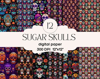 Day of the Dead Sugar Skull Party Digital Scrapbook Paper Backgrounds- 12 Seamless Designs-300 DPI- Free Commercial License POD