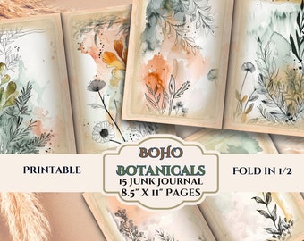 Boho Botanicals Junk Journal Pages- Flowers, Florals, Watercolor - Distressed Digital Scrapbook Papers-Instant Download-8.5" x 11 Sheets