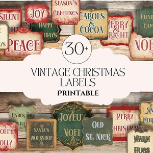 Vintage Christmas Word Labels | Holiday Printable Ephemera | Green & Red Tags for Scrapbooking, Gift Wrap, Cards, and Junk Journals