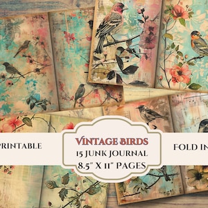 Vintage vogels ongewenste dagboekpagina's-blauwe en roze bloemen-afdrukbare digitale plakboekpapier-direct downloaden-8,5 "x 11 vellen