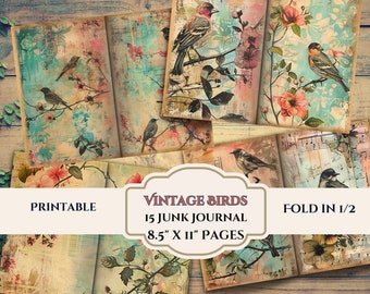 May include: Printable vintage bird junk journal pages with floral designs. The pages are 8.5 inches by 11 inches and are meant to be folded in half.