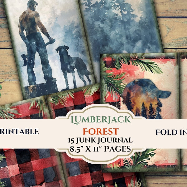 Lumberjack Junk Journal Pages- Forest, Men, Muscles, Trees- Distressed Digital Scrapbook Papers-Instant Download-8.5" x 11 Sheets