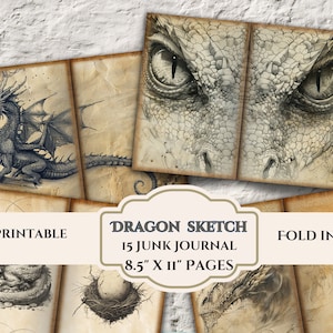 Páginas de diario basura con bocetos de dragones victorianos, fantasía gótica de cuento de hadas, papeles desgastados para álbumes de recortes digitales, descarga instantánea, hojas de 8,5 x 11 pulgadas
