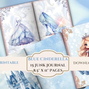 Blue Grey Cinderella Junk Journal Pages- Princess Fairytale Fantasy- Distressed Digital Scrapbook Papers-Instant Download-8.5" x 11 Sheets