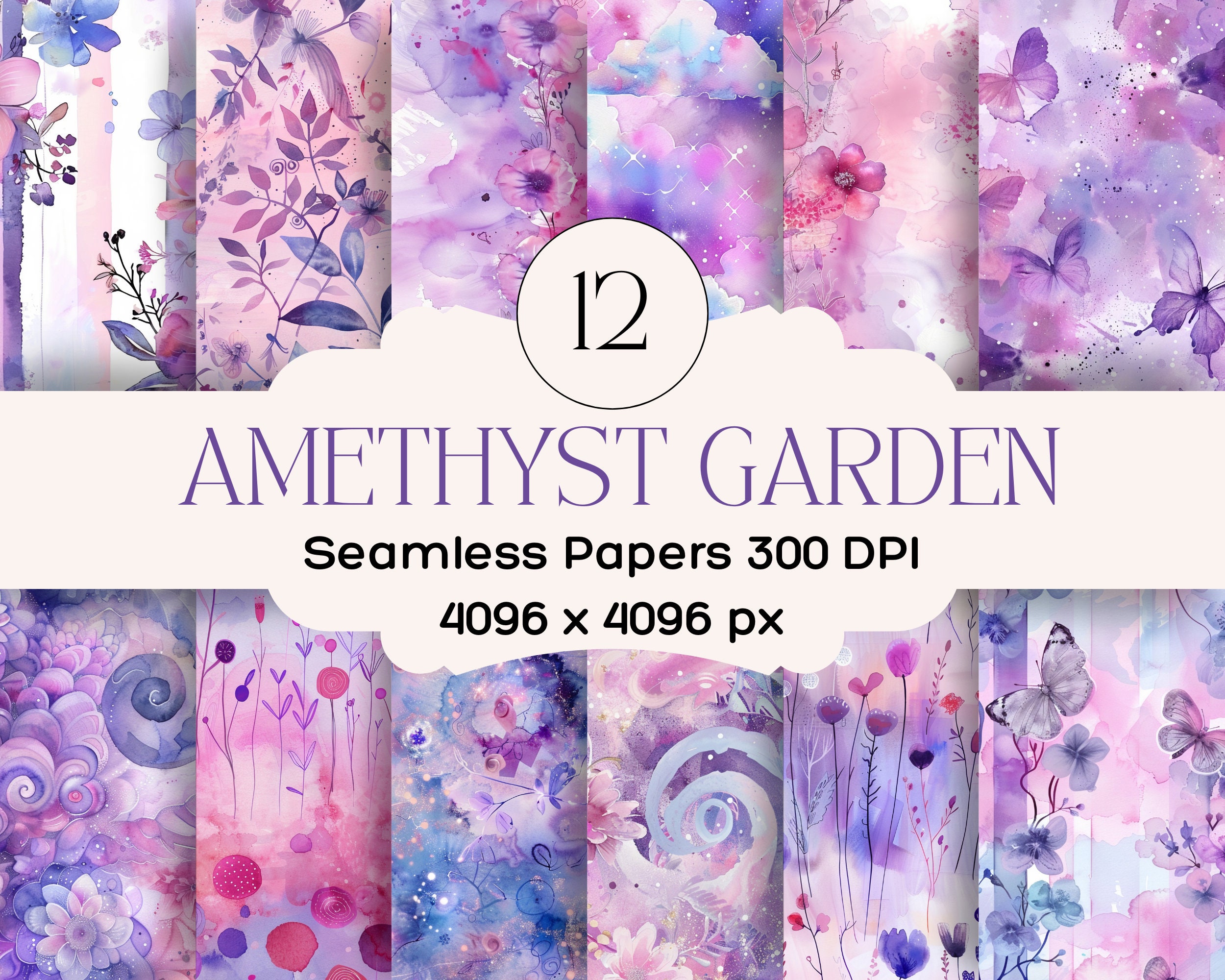 Amethyst Garden Digital Scrapbook Paper Backgrounds-Pink, Purple, Butterflies- Instant Download- 4096 x 4096 PX- Free Commercial License POD