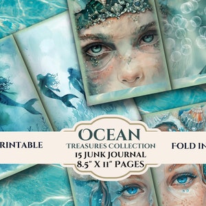 Mermaid Siren Junk Journal Pages – Ocean Treasures Collection – Distressed Digital Scrapbook Papers – Sofortiger Download – 8,5" x 11 Blatt