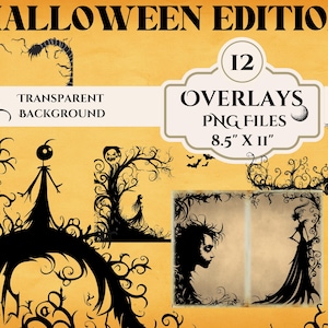 May include: Twelve Halloween themed overlays in black silhouette on a transparent background. The overlays feature spooky trees, a jack-o-lantern, bats, and figures in long gowns. The overlays are 8.5 inches by 11 inches.