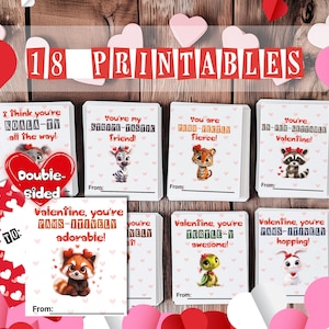18 tarjetas de San Valentín con animales para imprimir para niños: de doble cara, con juegos de palabras, diseños bonitos, fáciles de cortar, perfectas para el intercambio en el aula