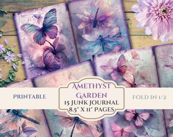 Amethyst Garden Junk Journal Pages- Butterfly Dragonfly Lavender- Distressed Digital Scrapbook Papers-Instant Download-8.5" x 11 Sheets