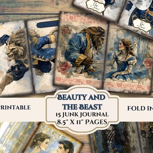 Piękna i Bestia Junk Journal Pages- Księżniczka Bajkowa Fantazja- Zniszczone Cyfrowe Papiery do Scrapbookingu- Natychmiastowe Pobieranie- 8.5" x 11 Arkuszy