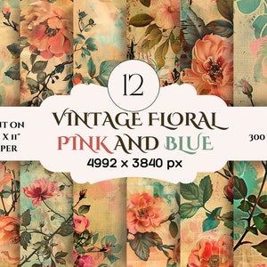 May include: Twelve digital paper designs featuring vintage floral patterns in shades of pink and blue. The papers are 4992 x 3840 pixels and 300 DPI.  Print on 8.5 x 11 inch paper.
