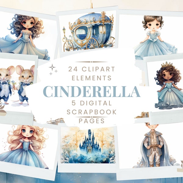 Paquete de diseño de imágenes prediseñadas de princesa de cuento de hadas azul de Cenicienta- 24 imágenes prediseñadas- 5 páginas de álbum de recortes- Uso comercial gratuito POD Descarga digital