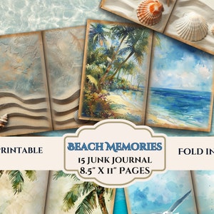 Beach Memories Junk Journal Pages- Vacation Ocean Seaside Tropical- Papeles de álbum de recortes digitales desgastados, Descarga instantánea, 8,5 x 11 hojas