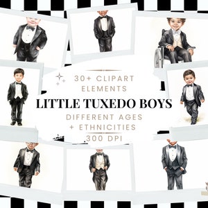Kleine jongens in Tuxedos Clipart Bundle Pack - 24 transparante achtergrond clipartafbeeldingen - verschillende etniciteiten - blond, bril, zwart haar